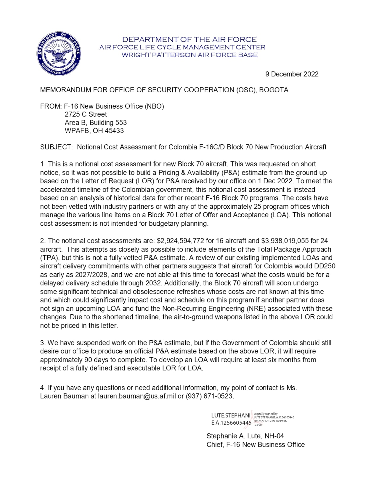 MEMORÁNDUM PARA LA OFICINA DE COOPERACIÓN DE SEGURIDAD.