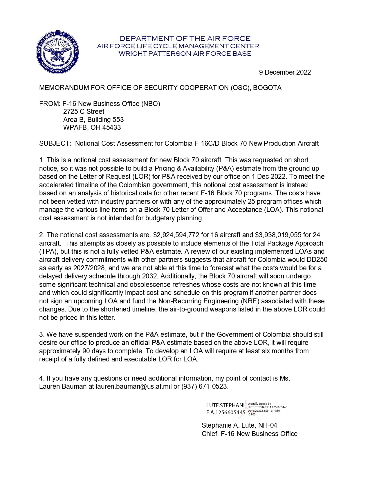 MEMORÁNDUM PARA LA OFICINA DE COOPERACIÓN DE SEGURIDAD.