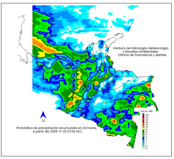 La escala de colores indica la cantidad de
precipitación acumulada (en milímetros), el sábado 22 de noviembre de 2025
