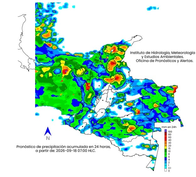 Mapa del clima en Colombia para el próximo viernes 18 de septiembre.