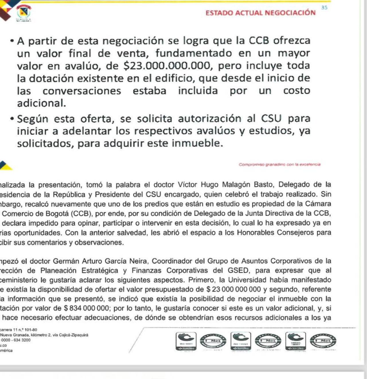 Documento sobre la negociación para un edificio para la Universidad Militar, que tendría posibles sobrecostos de más de 6.000 millones, según la Contraloría.