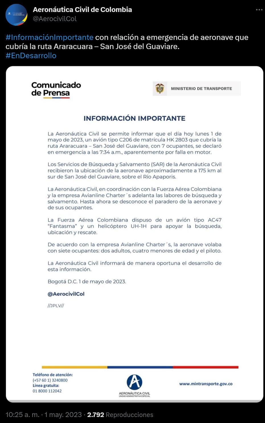 Comunicado Aerocivil Avioneta Desaparecida