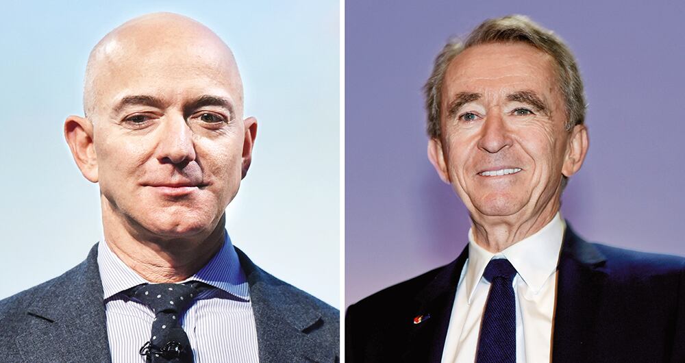Jeff Bezos y Bernard Arnault son dos de los cinco centibillonarios que existen actualmente. Sus fortunas han estado impulsadas por los buenos resultados de Wall Street.