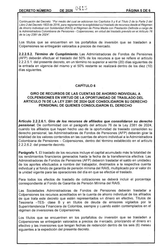 Decreto que le exige a los fondos de pensiones privados el traslado de los 25 billones de pesos a Colpensiones.