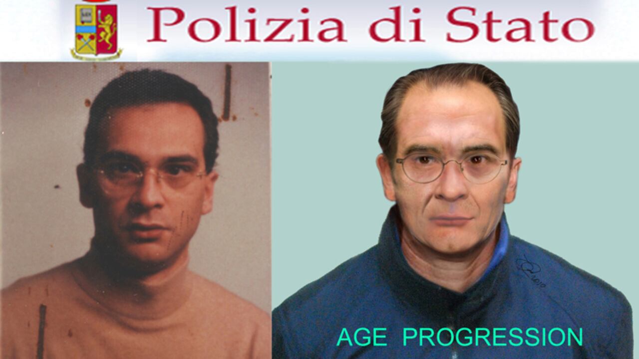 Una combinación de imágenes muestra una imagen generada por computadora y publicada por la policía italiana, a la derecha, junto a una fotografía del capo de la mafia Matteo Messina Denaro.