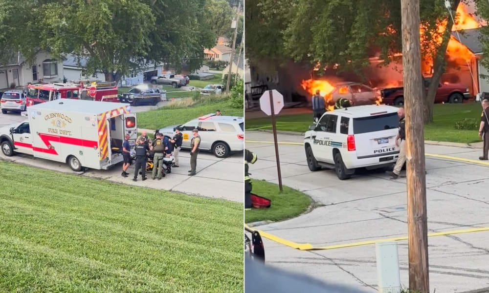 Bomberos y policías en la escena de un incendio en Glenwood, Iowa, luego de un tiroteo mortal.