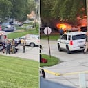 Bomberos y policías en la escena de un incendio en Glenwood, Iowa, luego de un tiroteo mortal.