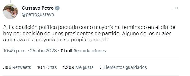 Trino del presidente Gustavo Petro sobre la ruptura de la coalición de Gobierno II