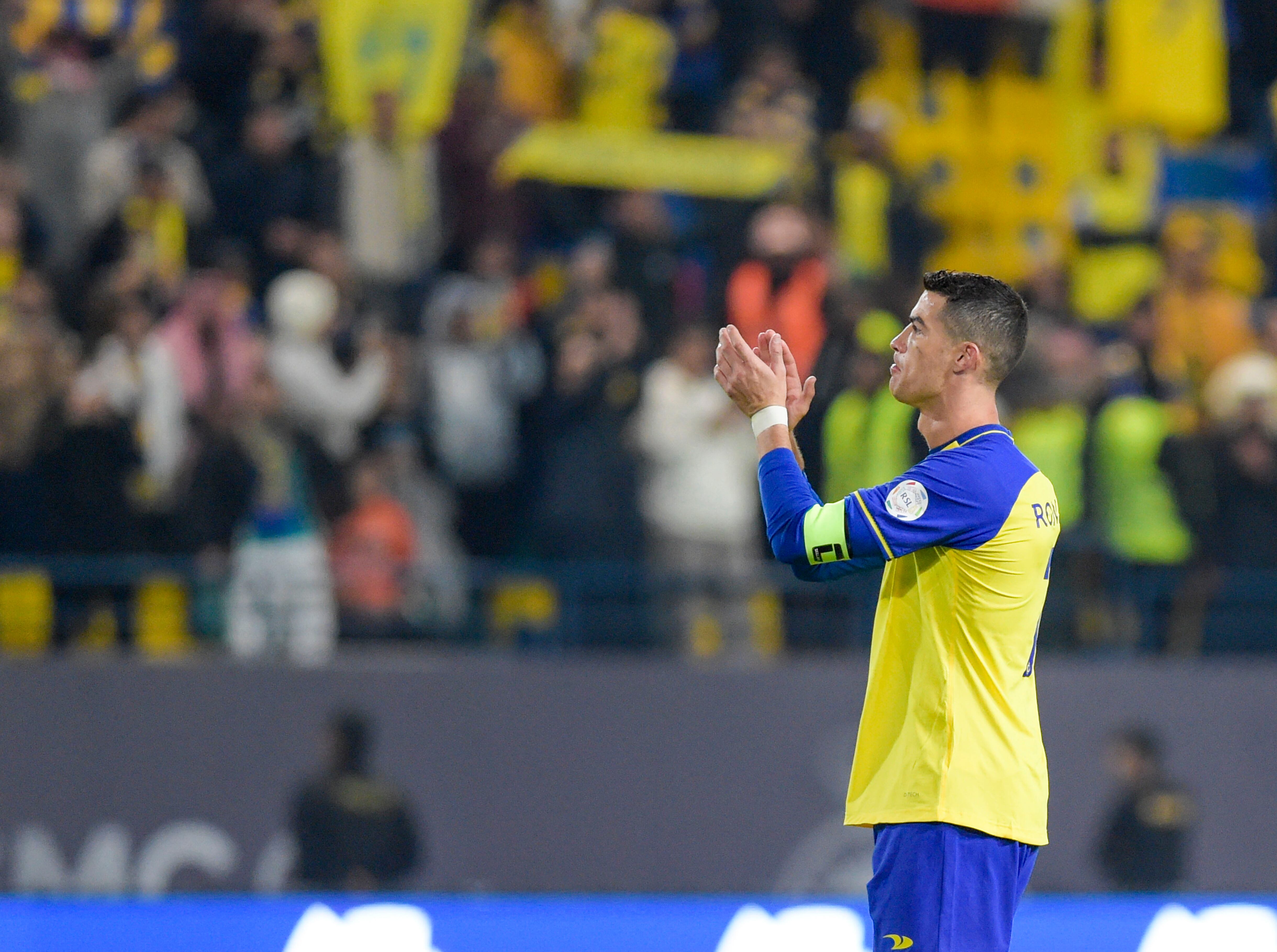 RIYADH, SAUDI ARABIA - JANUARY 22: Cristiano Ronaldo of Al Nassr applauds the fans after the Saudi Pro League between Al Nassr and Al-Ittifaq Club at Mrsool Park Stadium on January 22, 2023 in Riyadh, Saudi Arabia. (Photo by Khalid Alhaj/MB Media/Getty Images)