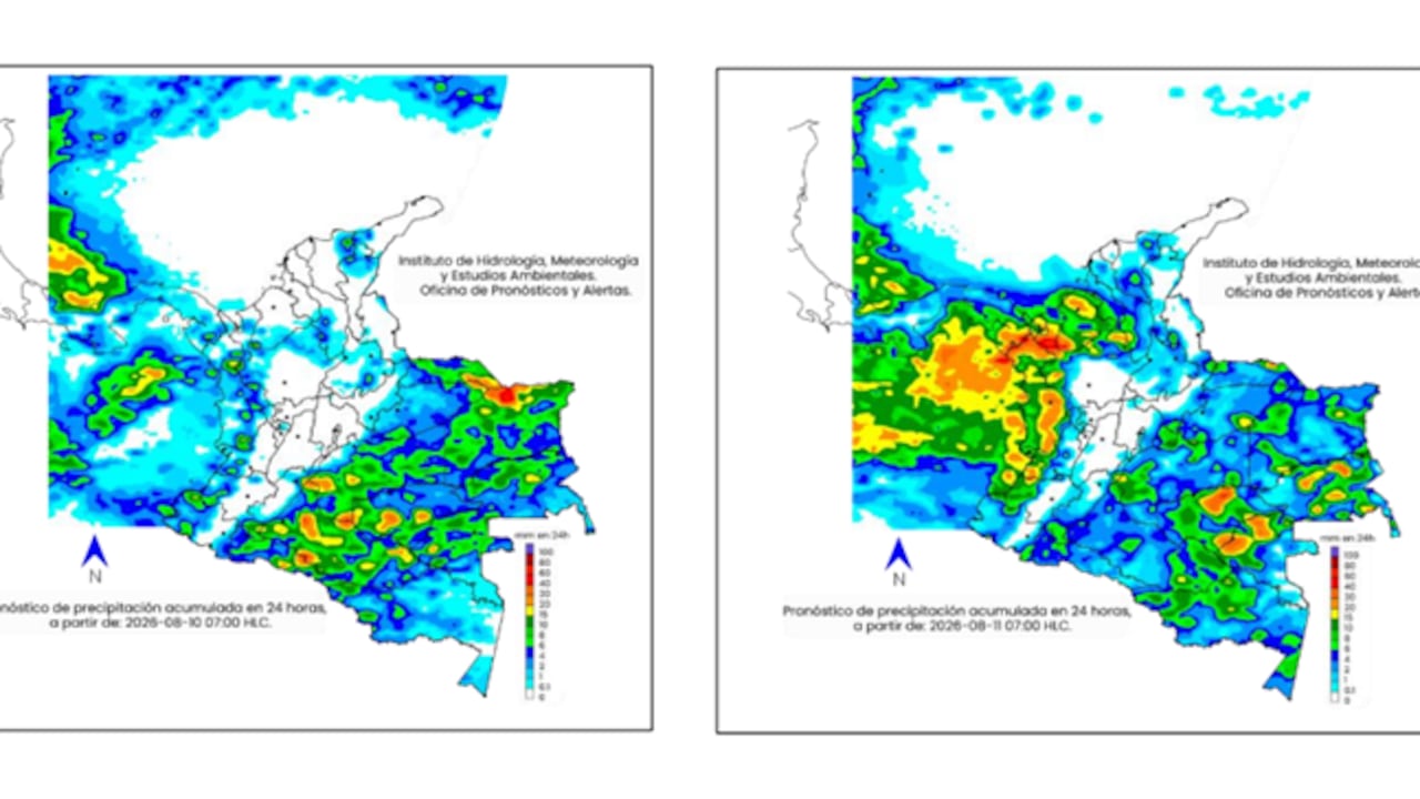 Mapa del clima del lunes 10 y martes 11 de agosto en Colombia.