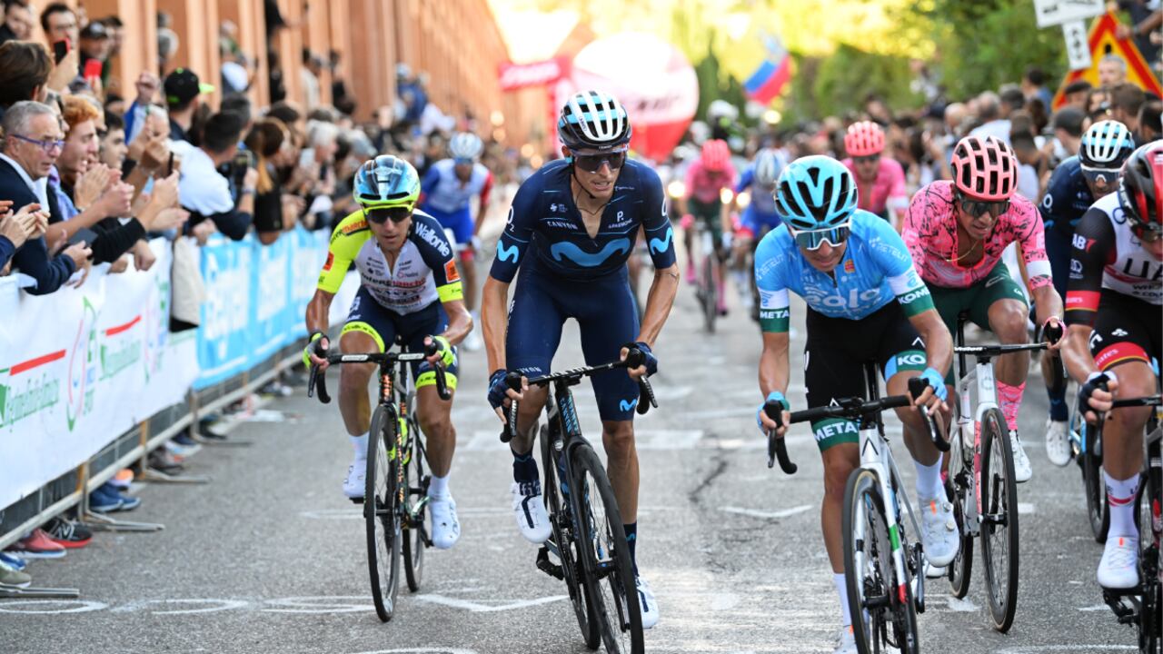 SAN LUCA, ITALY - OCTOBER 01: (L-R) Domenico Pozzovivo of Italy and Team Intermarché - Wanty - Gobert Matériaux, Enric Mas Nicolau of Spain and Movistar Team, Lorenzo Fortunato of Italy and Eolo-Kometa Cycling Team and Rigoberto Uran Uran of Colombia and Team EF Education - Easypost compete in the breakaway during the 105th Giro dell'Emilia 2022 a 198,7km one day race from Carpi to San Luca 267m on October 01, 2022 in San Luca, Italy. (Photo by Getty Images/Dario Belingheri)
