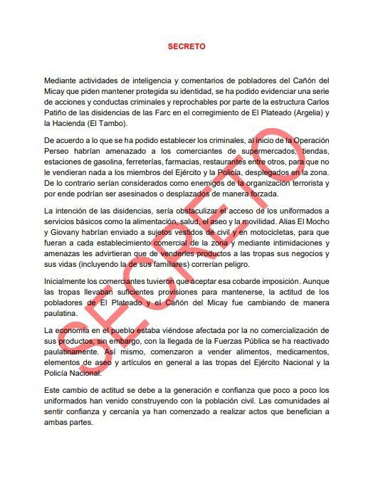 Documento de inteligencia de la fuerza pública revela la grave amenaza que lanzaron las disidencias de las Farc contra pobladores en El Plateado, Cauca.