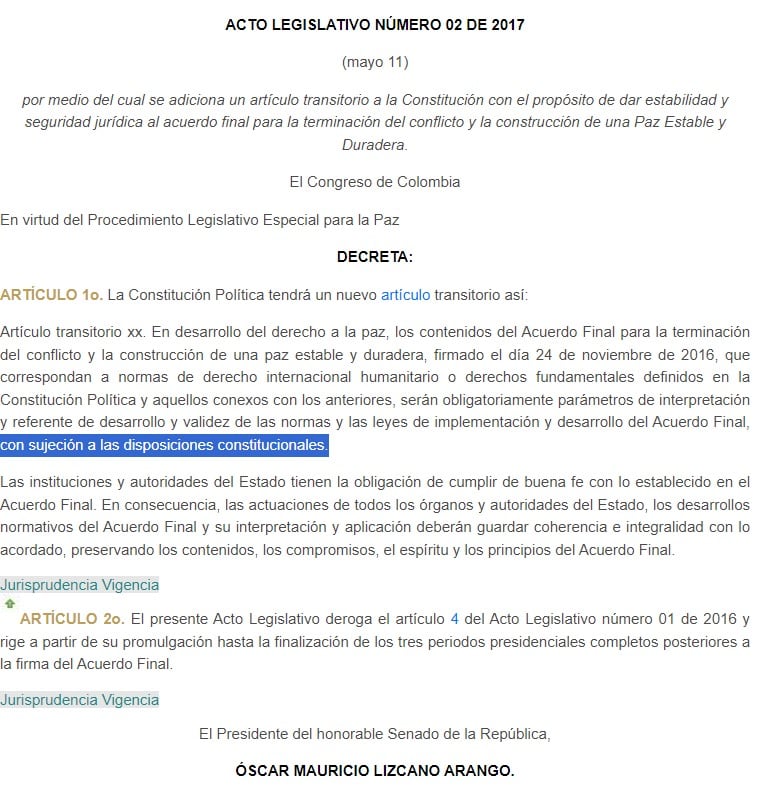 Acto Legislativo Número 02 de 2017