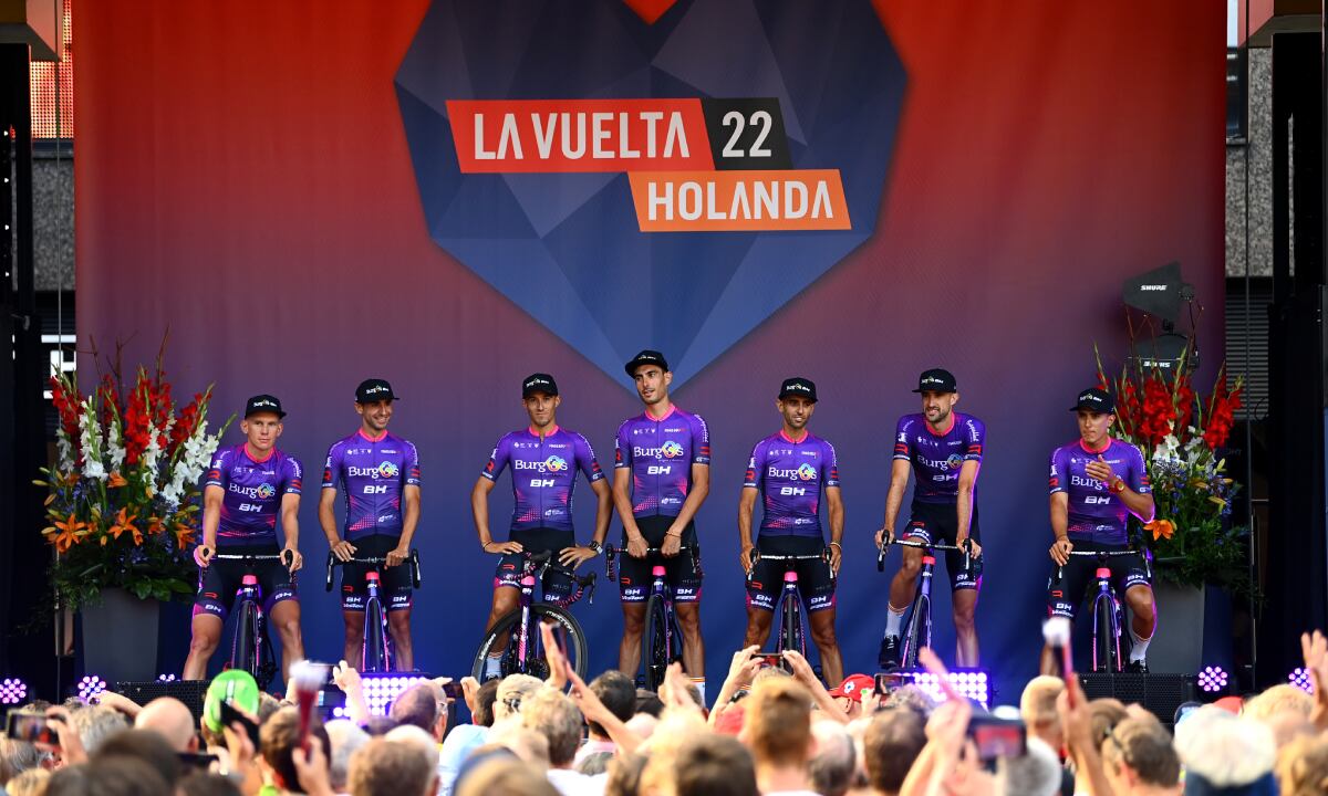 UTRECHT, NETHERLANDS - AUGUST 18: Jetse Bol of Netherlands, Oscar Cabedo Carda of Spain, José Manuel Díaz Gallego of Spain, Jesús Ezquerra Muela of Spain, Ángel Madrazo Ruiz of Spain, Daniel Navarro Garcia of Spain, Ander Okamika Bengoetxea of Spain, Manuel Penalver Aniorte of Spain and Team Burgos - BH during the 77th Tour of Spain 2022 - Team Presentation / #LaVuelta22 / #WorldTour / on August 18, 2022 in Utrecht, Netherlands. (Photo by Getty Images/Tim de Waele)