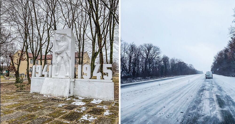  Ucrania fue uno de los países más castigados en la Segunda Guerra Mundial y lo recuerda con monumentos como este. A la derecha, la vía que conduce a Kiev, que está hoy tapada por la nieve, lo que agrava la situación de los ucranianos.