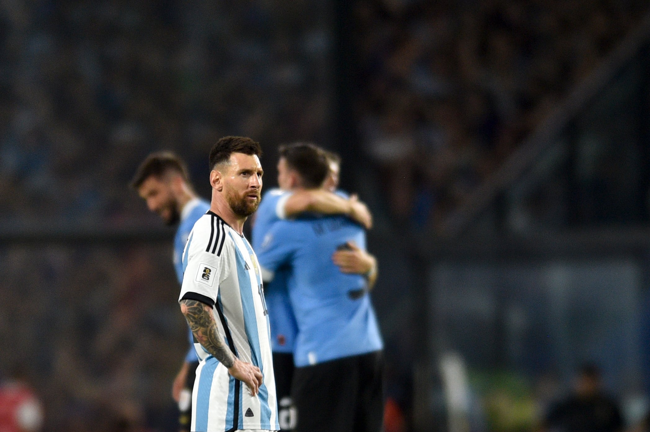 Argentina's Lionel Messi reacts at the end of a qualifying soccer match for the FIFA World Cup 2026 against Uruguay at La Bombonera stadium in Buenos Aires, Argentina, Thursday, Nov. 16, 2023. (AP Photo/Gustavo Garello)