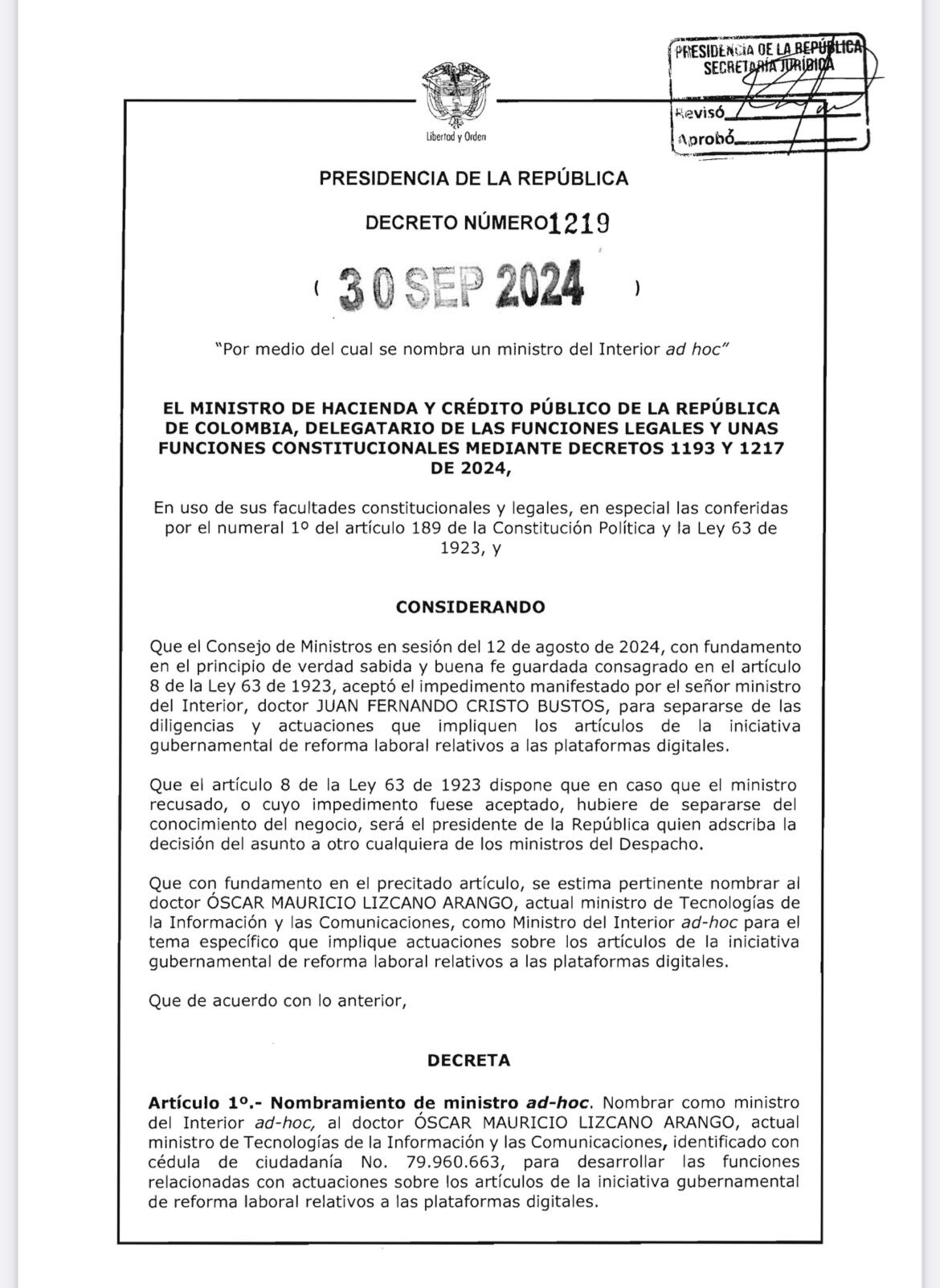 Decreto impedimento Juan Fernando Cristo