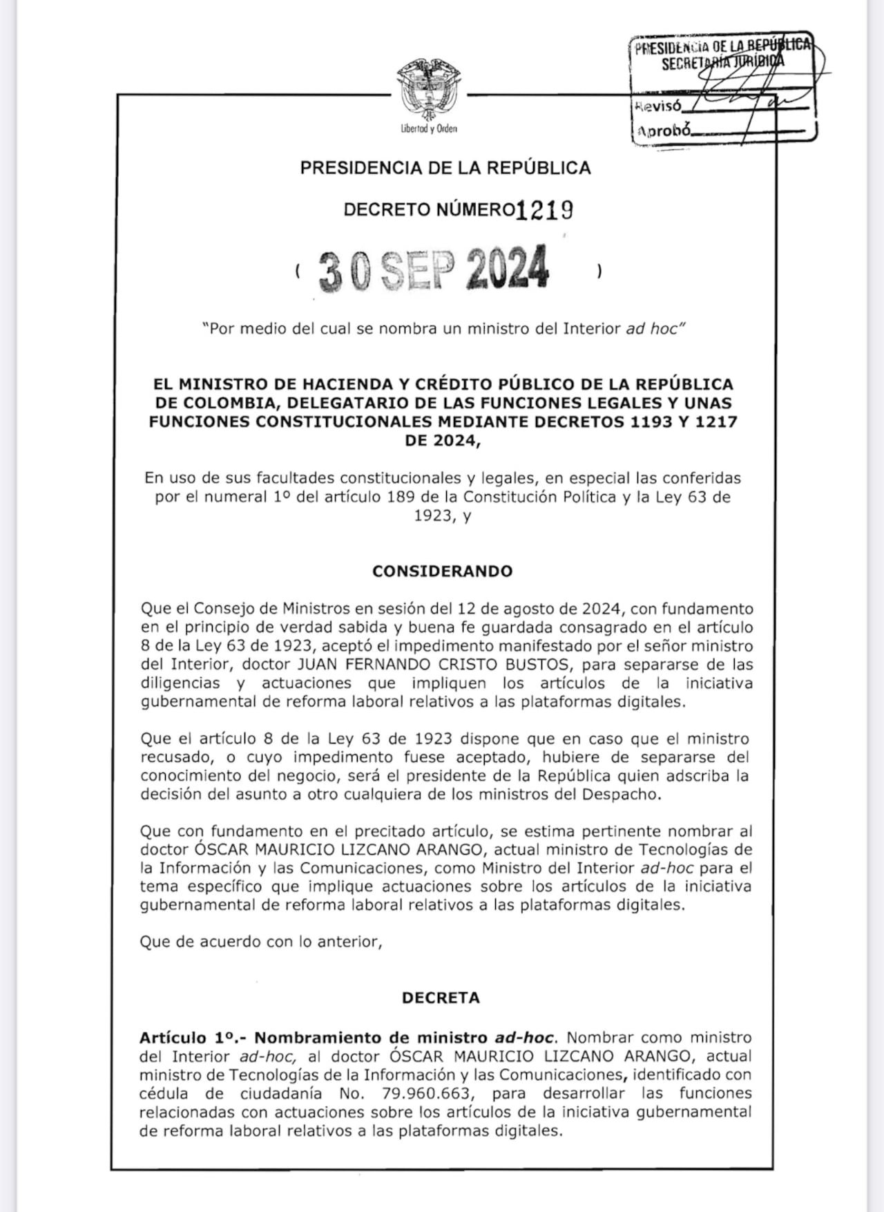 Decreto impedimento Juan Fernando Cristo
