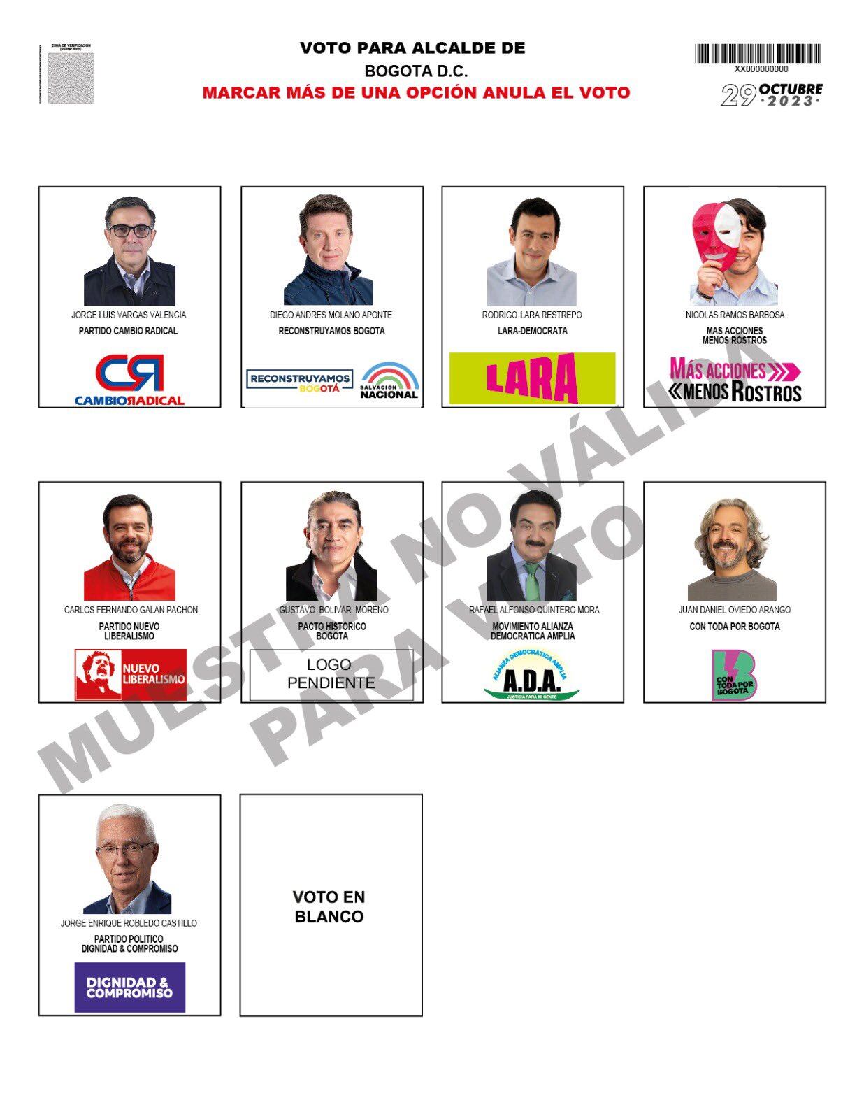 Tarjetón electoral Alcaldía de Bogotá.