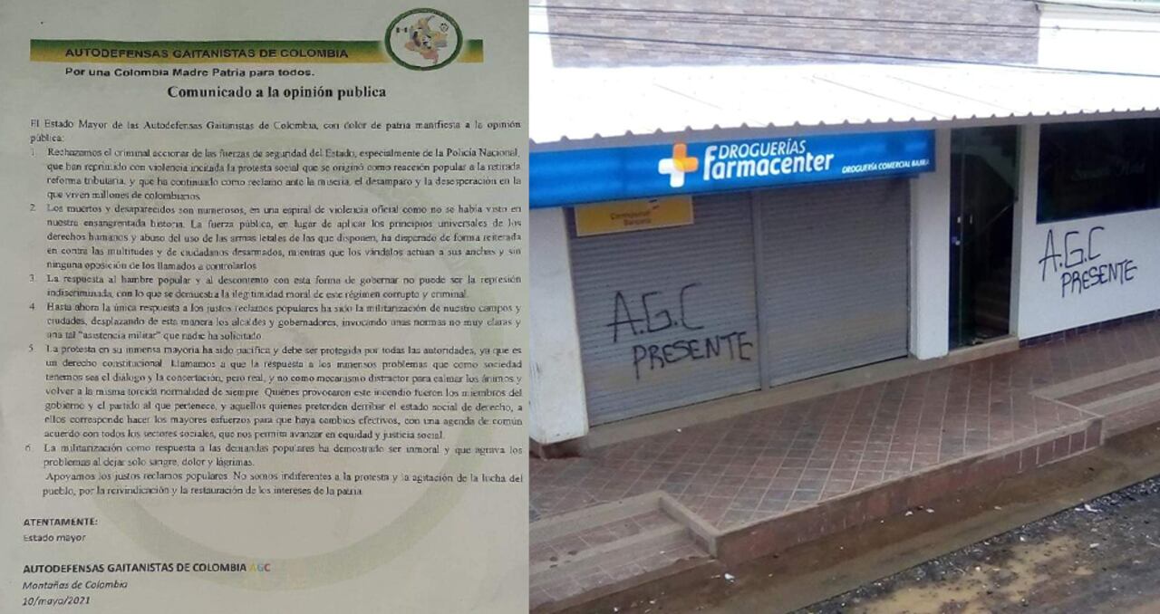 Belén de Bajirá (Chocó) amaneció con grafittis en la fachada de los comercios cerrados, alusivos a las AGC. Los habitantes del municipio encontraron panfletos en las calles, provenientes del mismo grupo criminal.