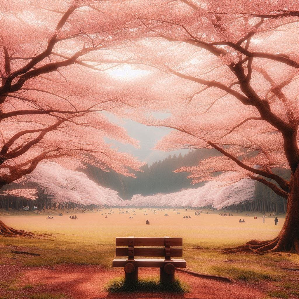 Esta imagen captura un vasto paisaje natural adornado con los delicados tonos rosa de las flores de sakura, ofreciendo una experiencia visual que evoca calma y serenidad.
