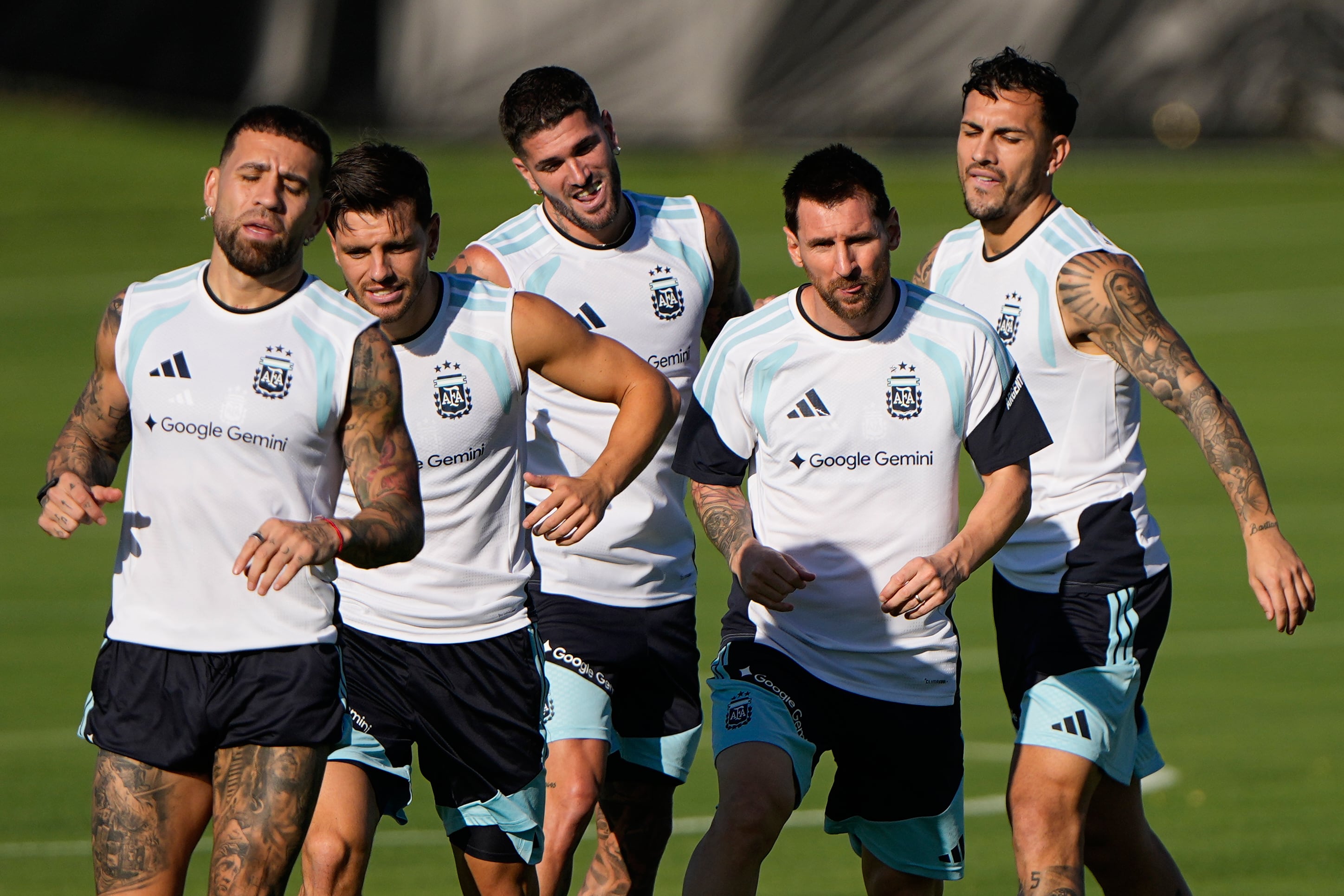Argentina's Lionel Messi, fourth from left, practices with teammates for the FIFA World Cup soccer tournament Thursday, June 11, 2026, in Kansas City, Kan. (AP Photo/Charlie Riedel)