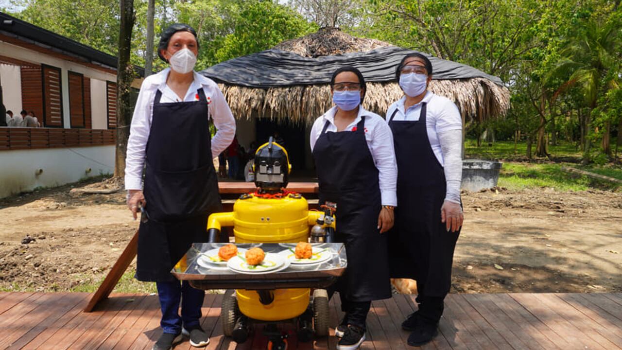 Entre los múltiples robots que han creado, se destaca este robot mesero que ayuda en la repartición y recolección de platos en eventos masivos.