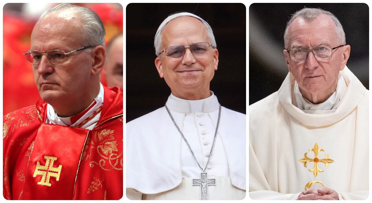 El cardenal Pietro Parolin de Italia, el cardenal Peter Erdo de Hungría y el cardenal Robert Francis Prevost de Estados Unidos