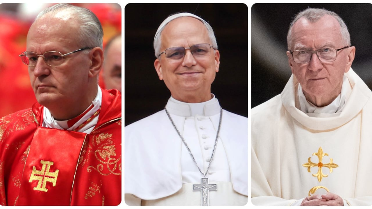 El cardenal Pietro Parolin de Italia, el cardenal Peter Erdo de Hungría y el cardenal Robert Francis Prevost de Estados Unidos