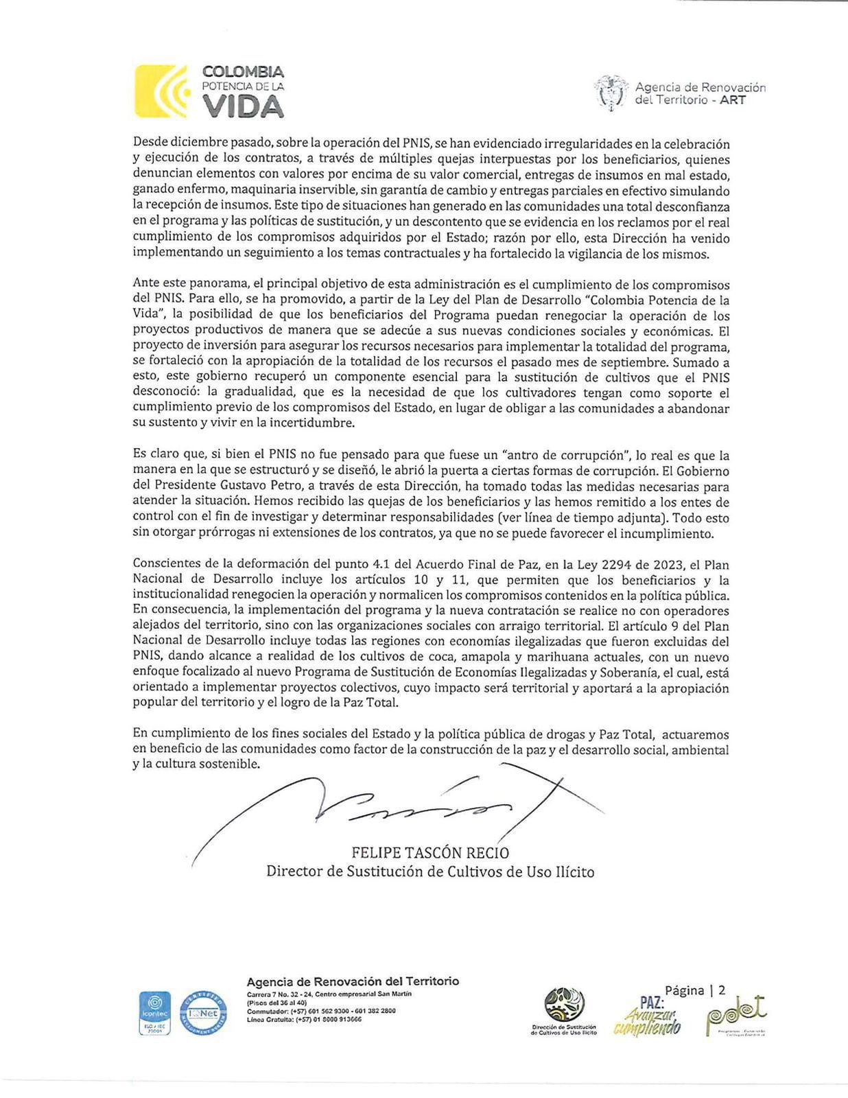 Documento Gobierno programa sustitución de cultivos ilícitos