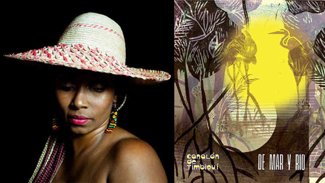 Nidia Góngora, líder de Canalón de Timbiquí (izquierda). Carátula de 'De mar y río' (derecha). Ilustración: La Silueta. Cortesía Llorona Records.