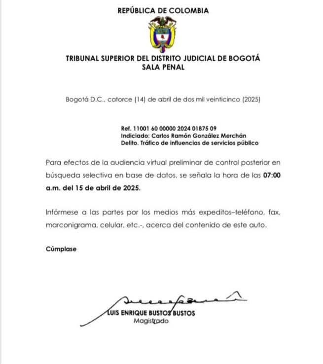 El Tribunal Superior de Bogotá avaló la búsqueda selectiva en bases de datos de la Fiscalía sobre teléfonos del exdirector del Dapre Carlos Ramón González.