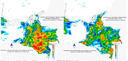 Pronóstico acumulado de precipitación en 24 horas (entre las 07:00 HLC del día presente y el siguiente día) elaborado por el meteorólogo en turno en la oficina de Pronósticos y Alertas del Ideam, para los días sábado 11 (izquierda) y domingo 12 (derecha) de marzo de 2022.