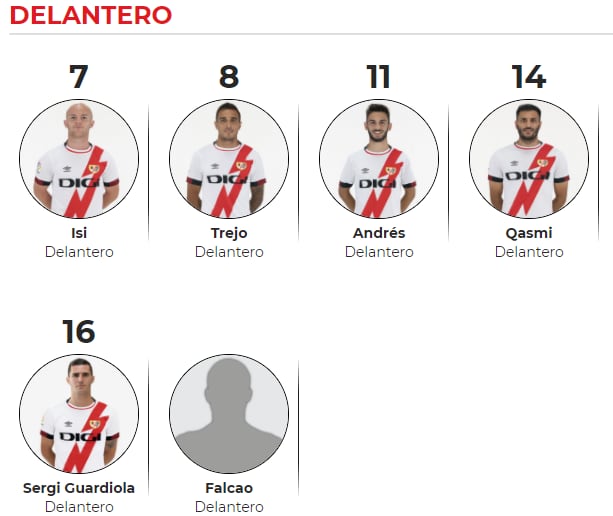 Falcao sin número en la página del Rayo Vallecano. Foto: Captura de pantalla.