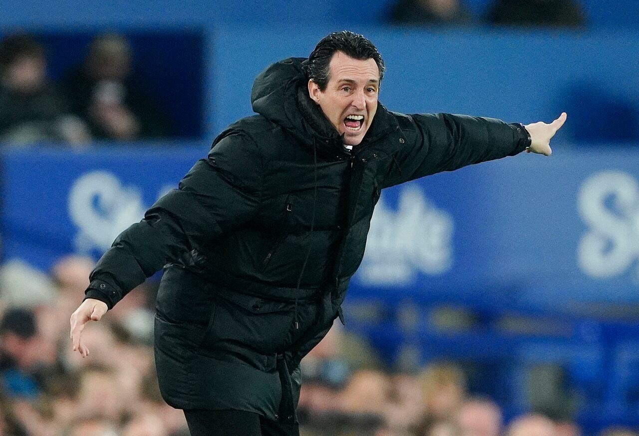 Aston Villa's manager Unai Emery gestures during the English Premier League soccer match between Everton and Aston Villa at Goodison Park, Liverpool, England, Wednesday, Jan. 15, 2025. (Peter Byrne/PA via AP)