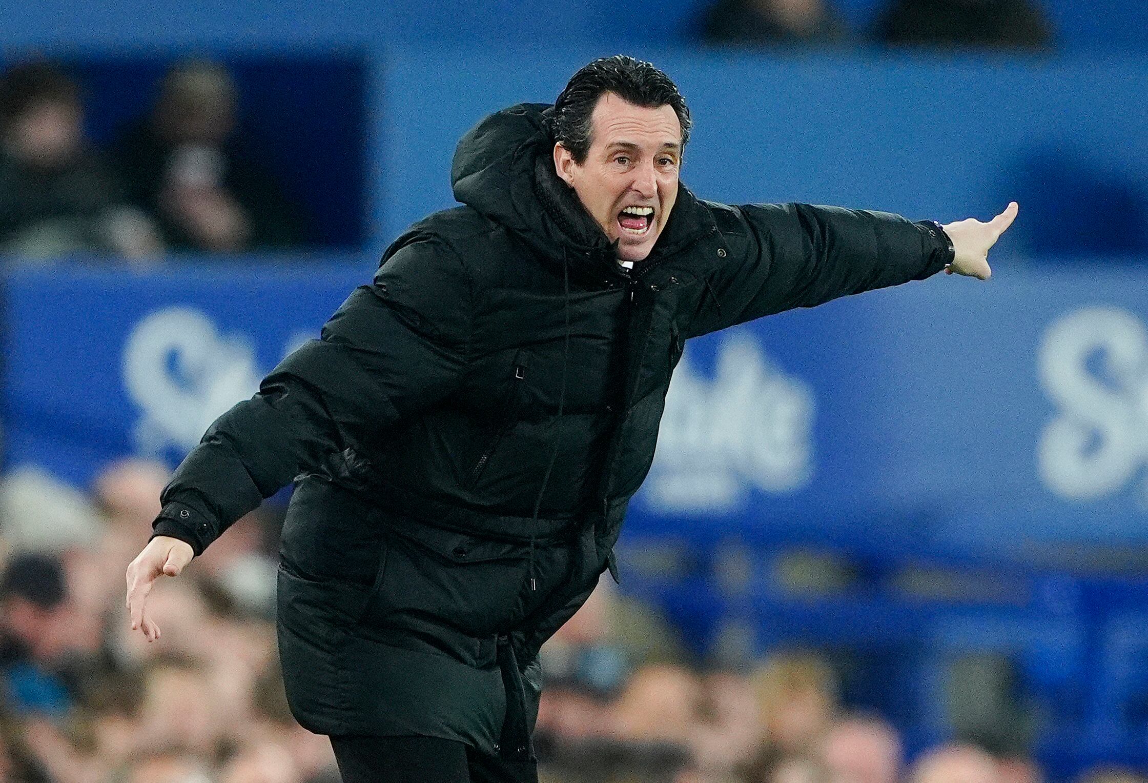 Aston Villa's manager Unai Emery gestures during the English Premier League soccer match between Everton and Aston Villa at Goodison Park, Liverpool, England, Wednesday, Jan. 15, 2025. (Peter Byrne/PA via AP)