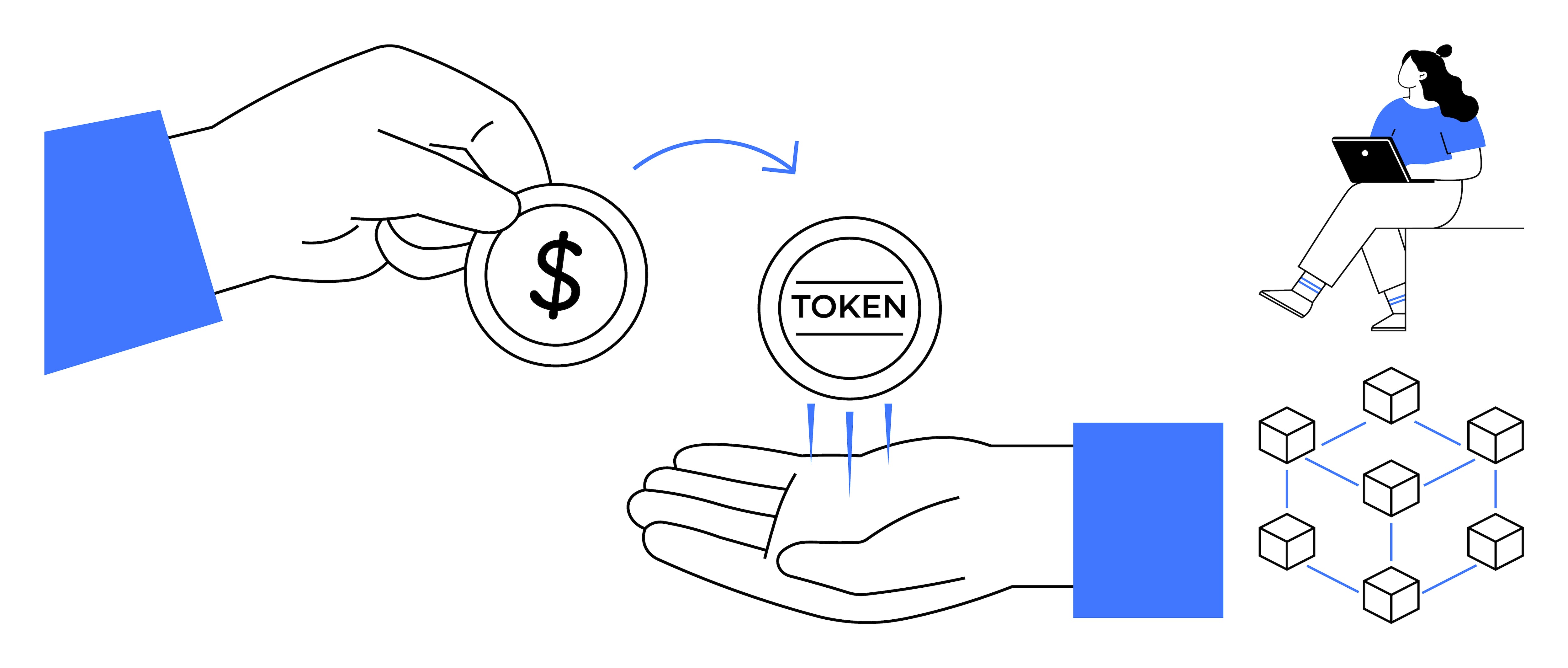Hand exchanging dollar coin for token, person using laptop, blockchain network. Ideal for digital currency, online payments, blockchain technology, tokenization, fintech, cryptocurrency trading