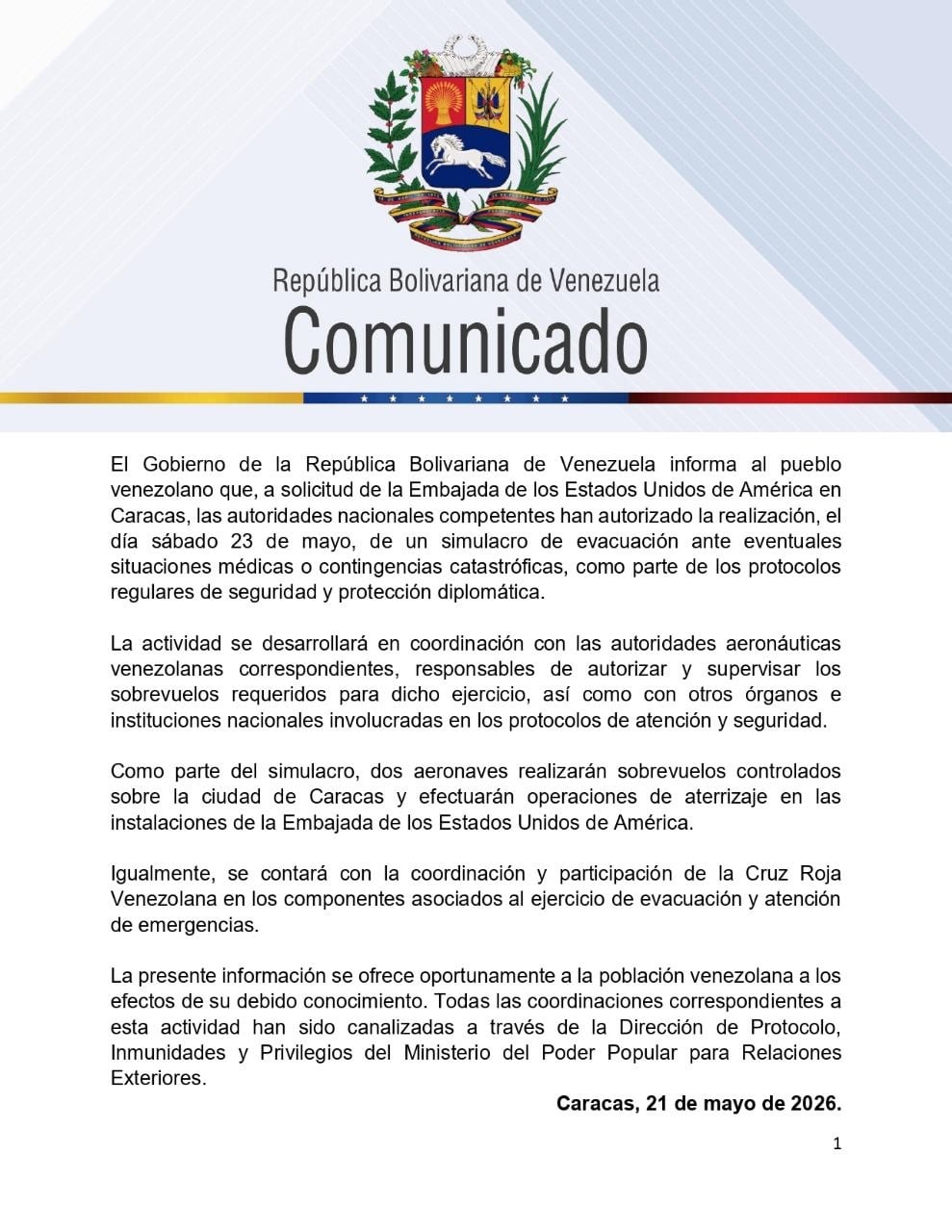 Comunicado emitido por la cancillería de Venezuela