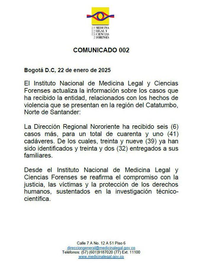 Informe de Medicina Legal sobre la entrega de cuerpos en el Catatumbo.