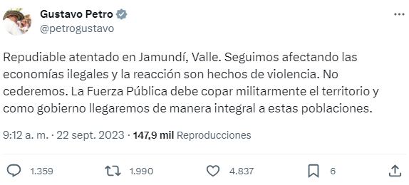 Trino del presidente Gustavo Petro sobre el atentado en Jamundí, Valle.