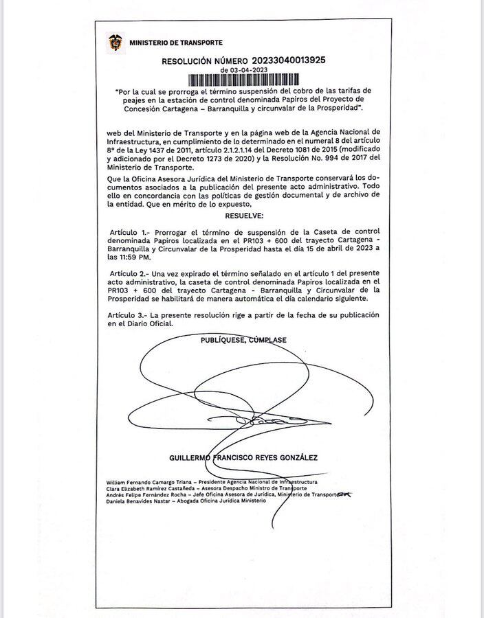 Resolución que anuncia la exención del peaje Papiros hasta el 15 de abril 2023