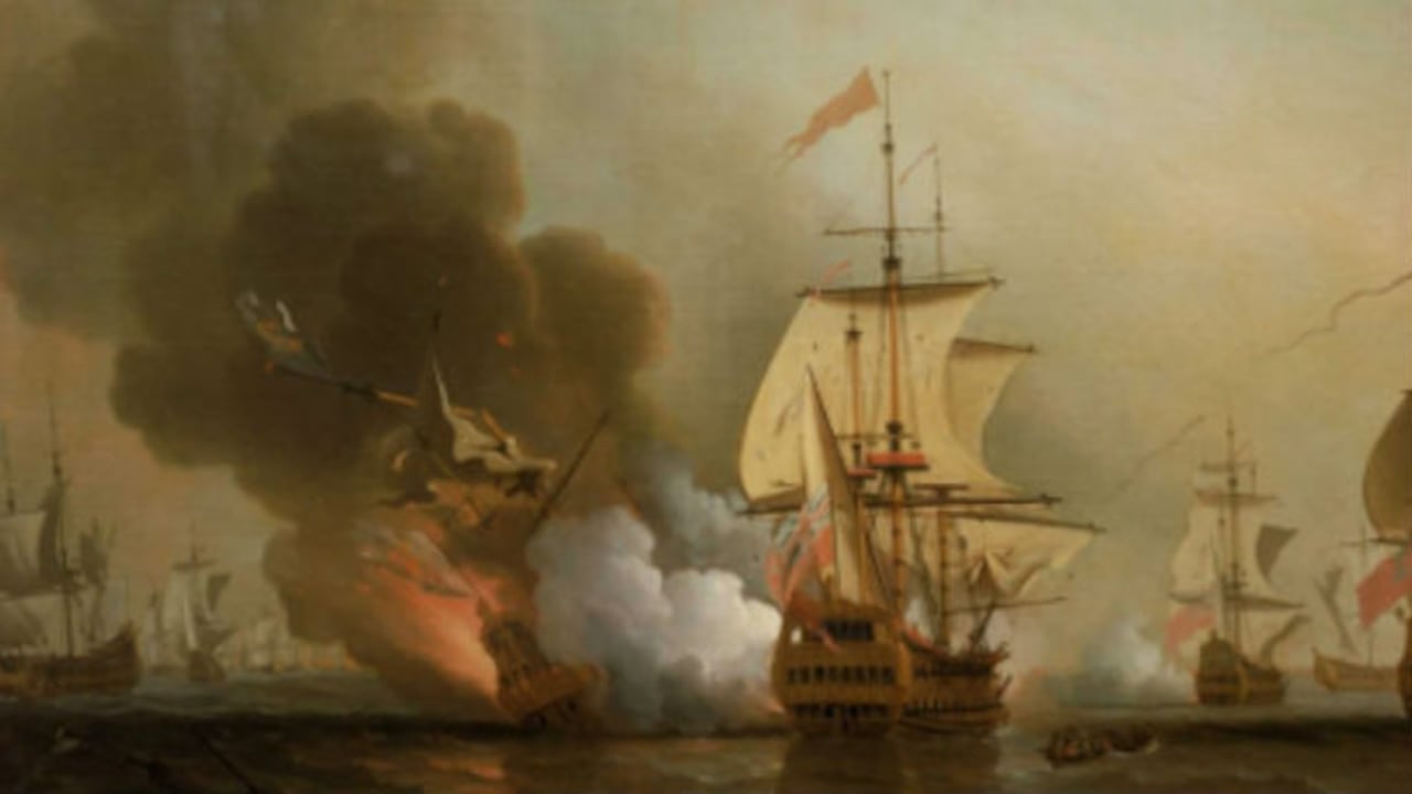 Galeón San José en medio del fuego de la Armada inglesa. Cuadro del pintor inglés Samuel Scott.
