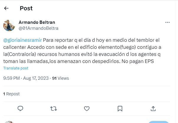 Denuncia por call center que no dejó evacuar ante el sismo en Bogotá