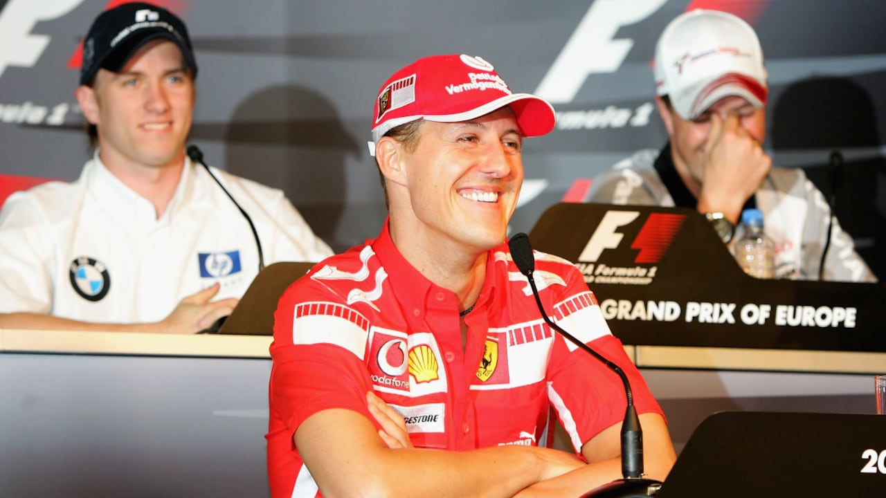 NURBURG, GERMANY - MAY 26: Michael Schumacher (C) of Germany and Ferrari, Ralf Schumacher (R) of Germany and Toyota and Nick Heidfeld of Germany and BMW (L) attend a press conference ahead of the European Formula One Grand Prix on May 26, 2005 in Nurburg, Germany (Photo by Getty Images/Andreas Rentz)