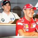 NURBURG, GERMANY - MAY 26: Michael Schumacher (C) of Germany and Ferrari, Ralf Schumacher (R) of Germany and Toyota and Nick Heidfeld of Germany and BMW (L) attend a press conference ahead of the European Formula One Grand Prix on May 26, 2005 in Nurburg, Germany (Photo by Andreas Rentz/Getty Images)
