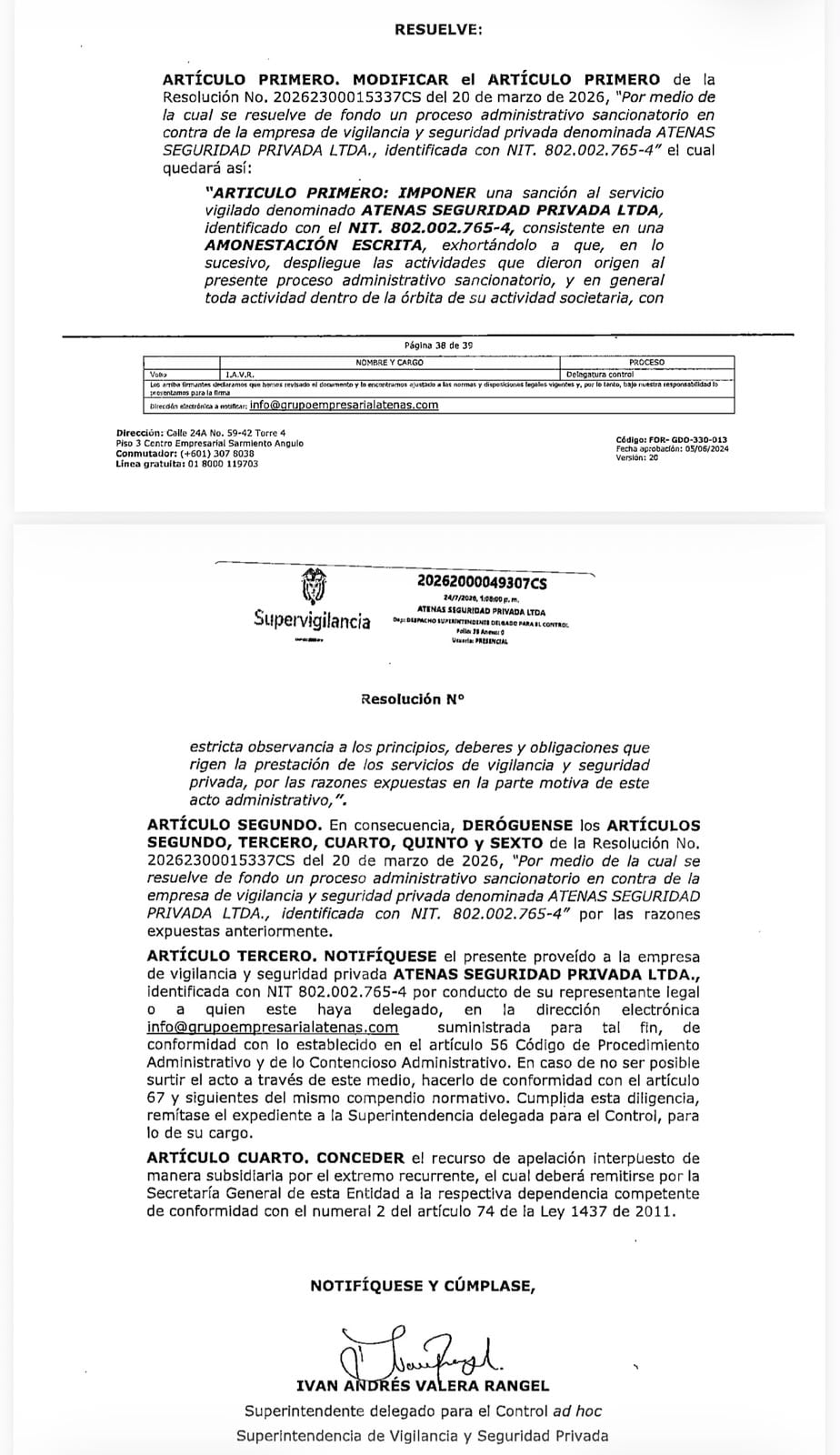 El apartado de resuelve de la resolución de la SuperVigilancia en poder de SEMANA.