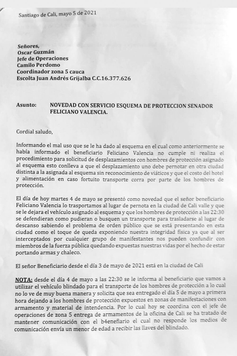 Informe de los escoltas del senador Feliciano Valencia, en el que advierten que envió a un menor de edad por las llaves de la camioneta.