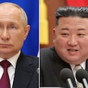 El presidente ruso, Vladimir Putin, escucha durante una reunión en Moscú, el 23 de agosto de 2023, y el líder norcoreano, Kim Jong Un, habla durante una reunión del gobernante Partido de los Trabajadores en su sede en Pyongyang, Corea del Norte, a principios de 2023.