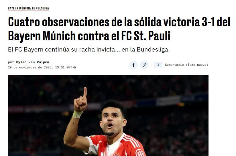 Así titula Bavarian Fútbol Works el artículo en el que elogia a Luis Díaz.