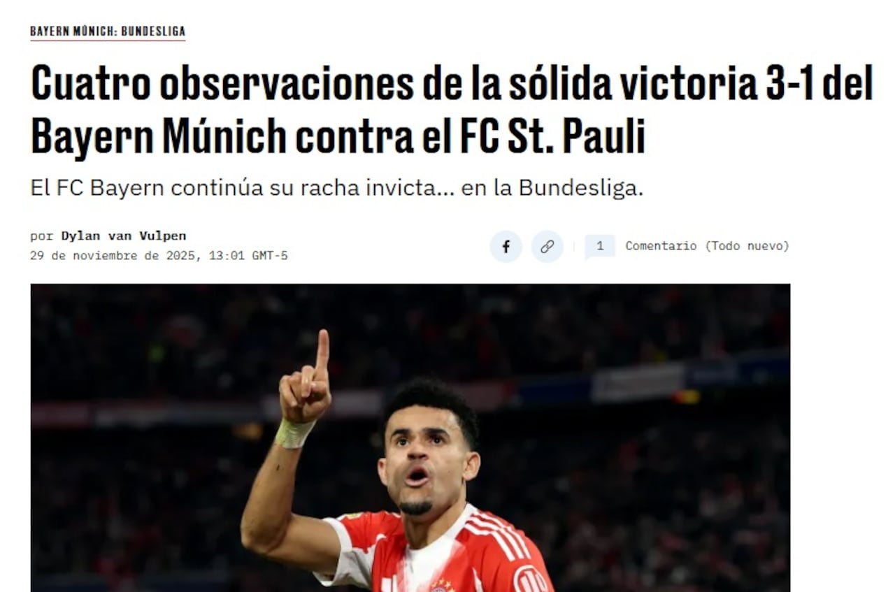 Así titula Bavarian Fútbol Works el artículo en el que elogia a Luis Díaz.